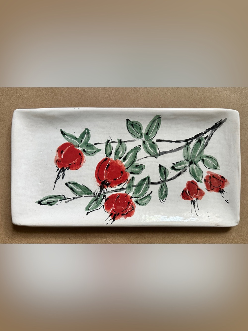 Handmade Ceramic Rectangular Tray Pomegranate Fruit Branch Design 11.25”x6”